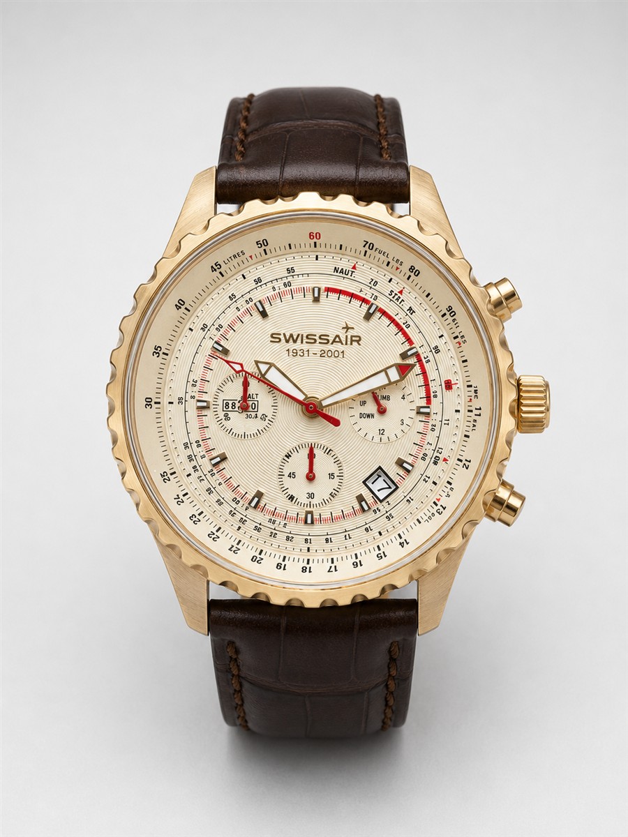 goldener Uhr, Chronograph, brauner Armband, analoges Zifferblatt, Swissair, goldfarbener Gehäuse