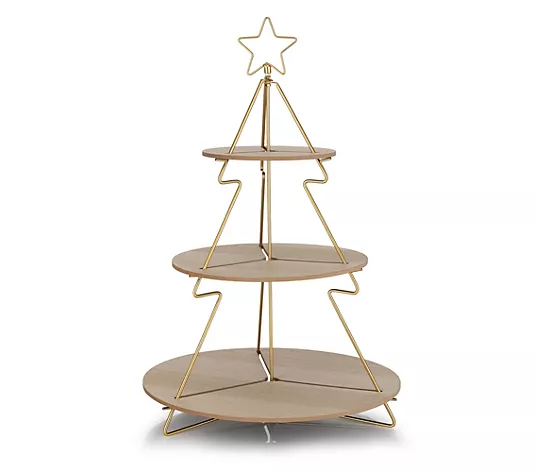 Weihnachtsbaum-Dekoration, Etagenständer, Goldfarbenes Metall, Runde Holzablagen, Sternspitze