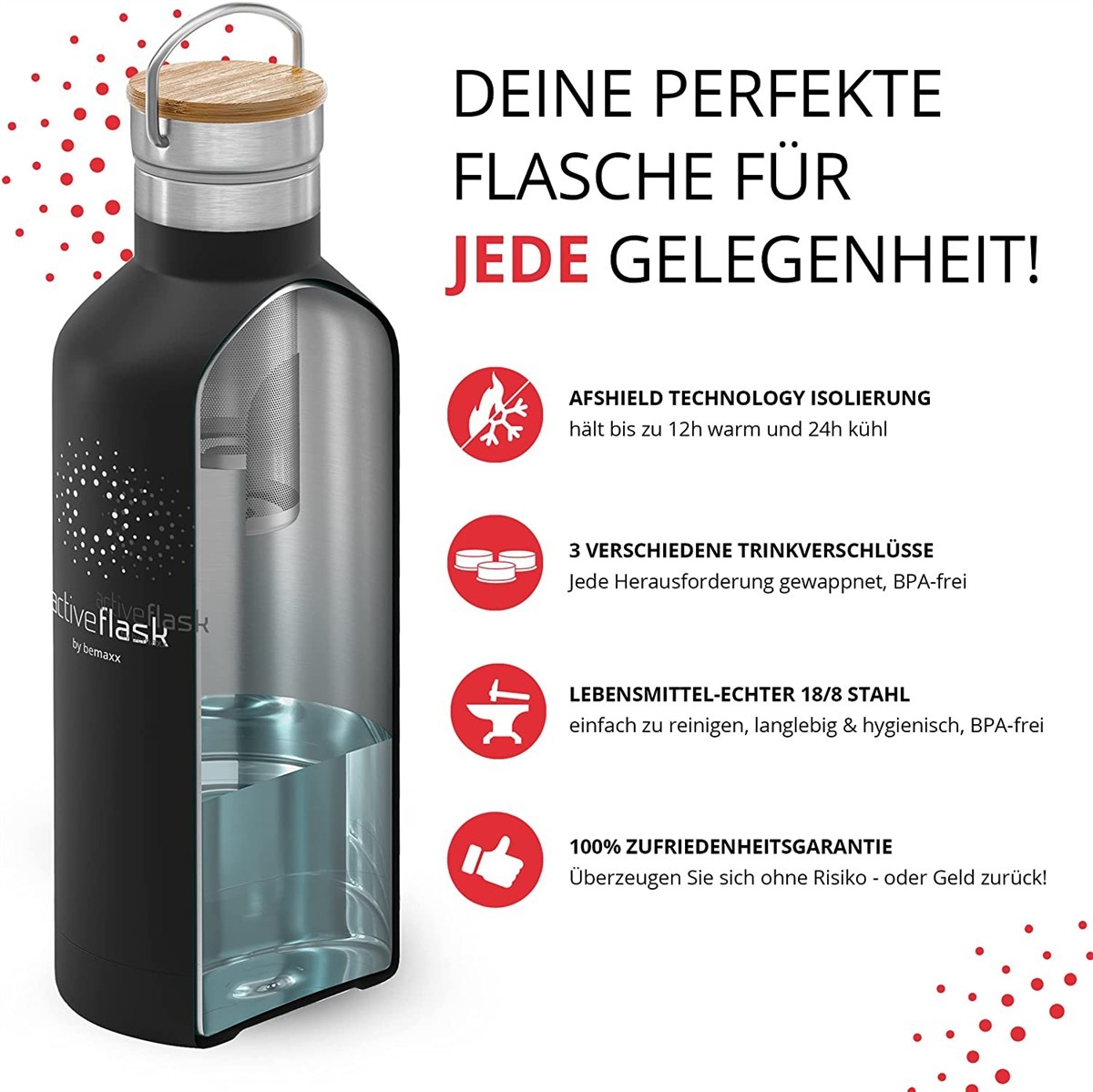 Flasche, Trinkflasche, Isolierung, 18/8 Edelstahl, Bambusdeckel