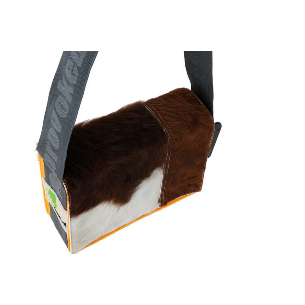 Messenger Bag MINI PROVOKED aus Kuhfell: braun & LKW-Plane: orange, 26x21x1
