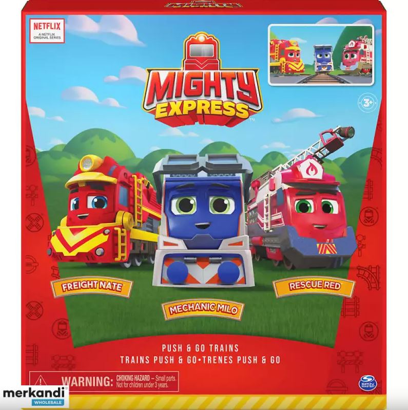 Spin Master 6061437 MEX Mighty Express Core Züge 3er Pack Roter Retter Frachter Nick Mechaniker Milo Netflix