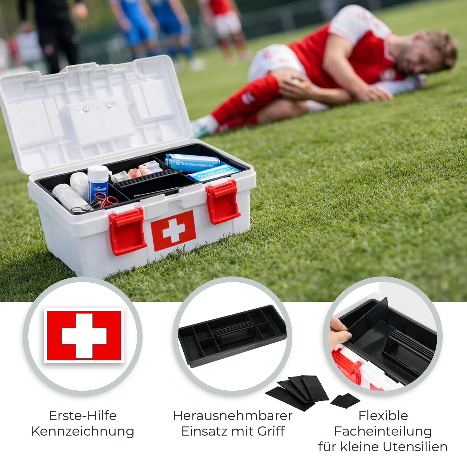 HMF Erste Hilfe Kasten zur Medikamenten Aufbewahrung, Medizinbox leer für Sportverein Betrieb oder Zuhause 37 x 19,5 x 18,5 cm Weiß-Rot