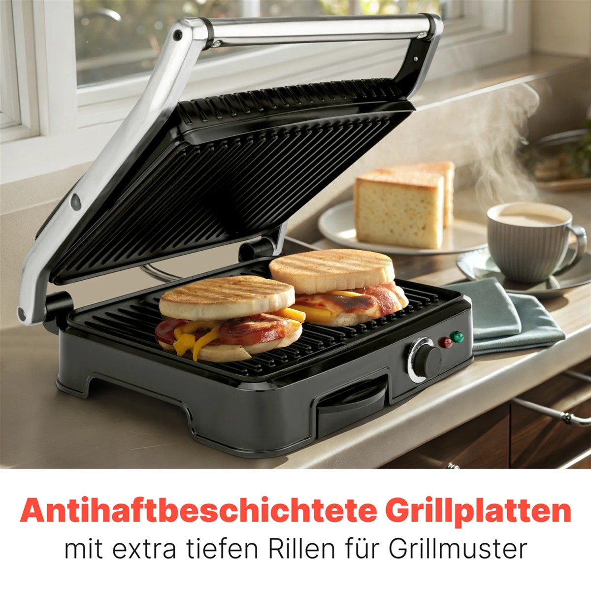 Clatronic Kontaktgrill beidseitiges fettfreies Grillen 2000W antihaftbeschichtete Grillplatten Kontaktgrill Toaster