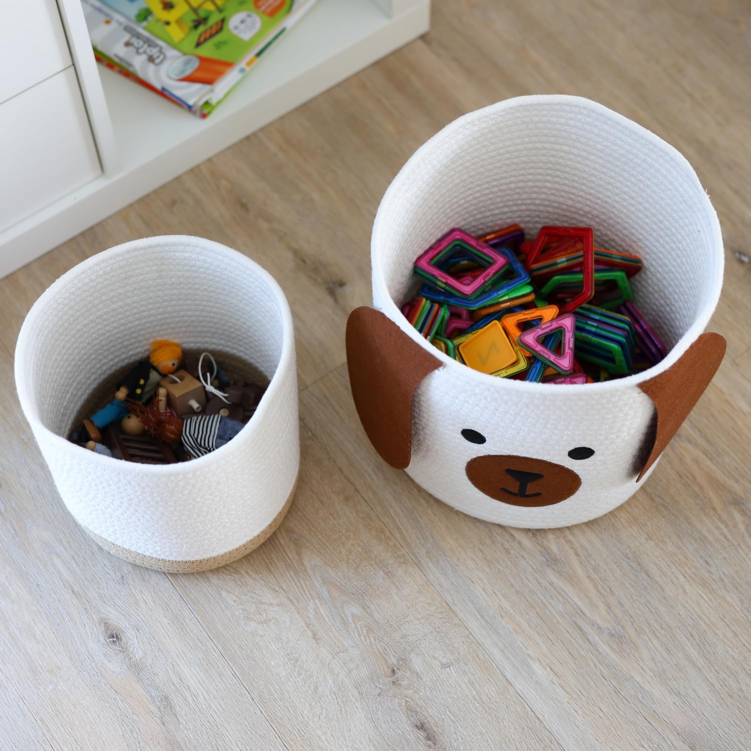 HMF Aufbewahrungskorb mit versteckten Griffen 3er Set, Korb für Kinderzimmer aus Baumwolle Hund Groß, Mittel, Klein