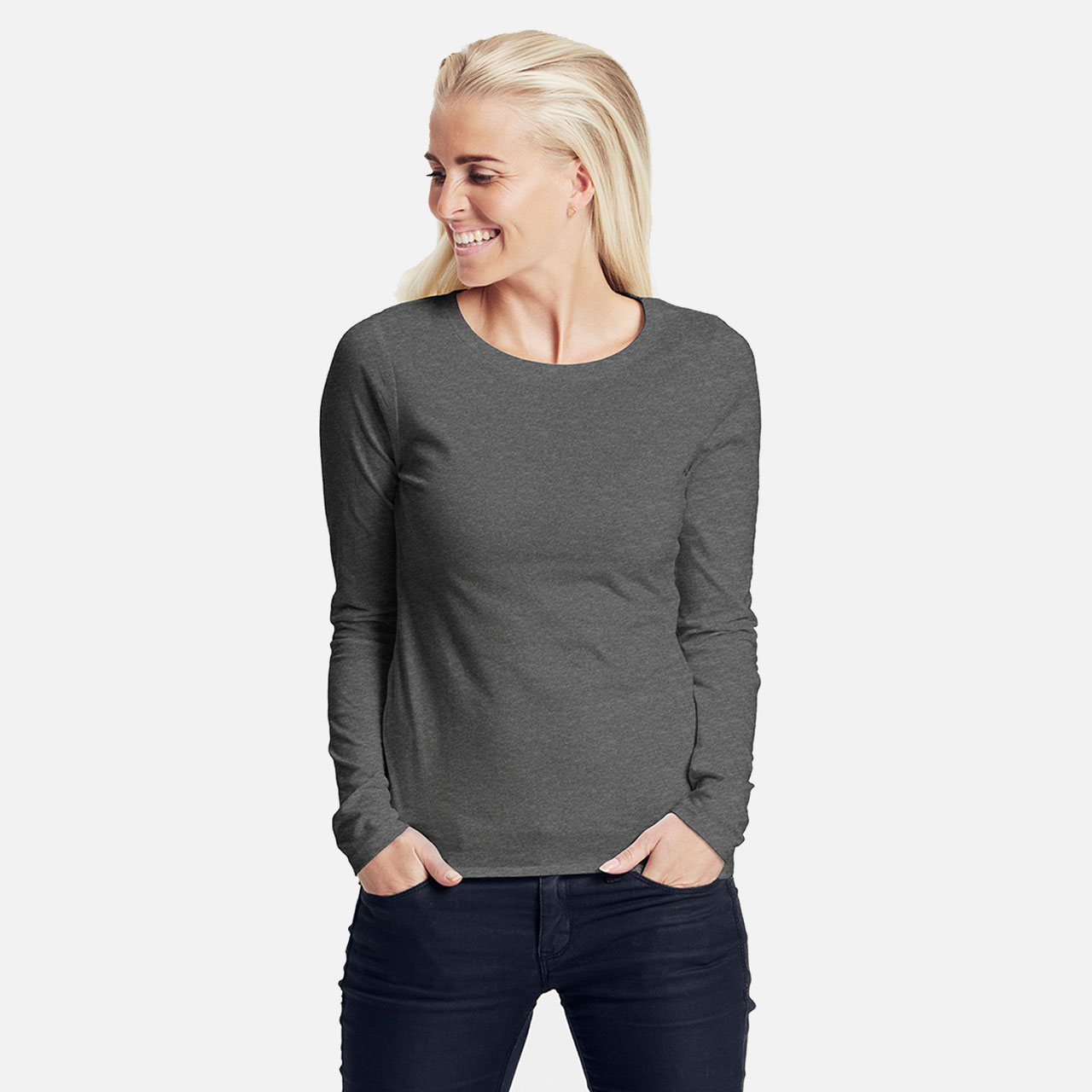 Damen-Langarmshirt, Rundhalsausschnitt, Dunkelgrau, Einfarbig