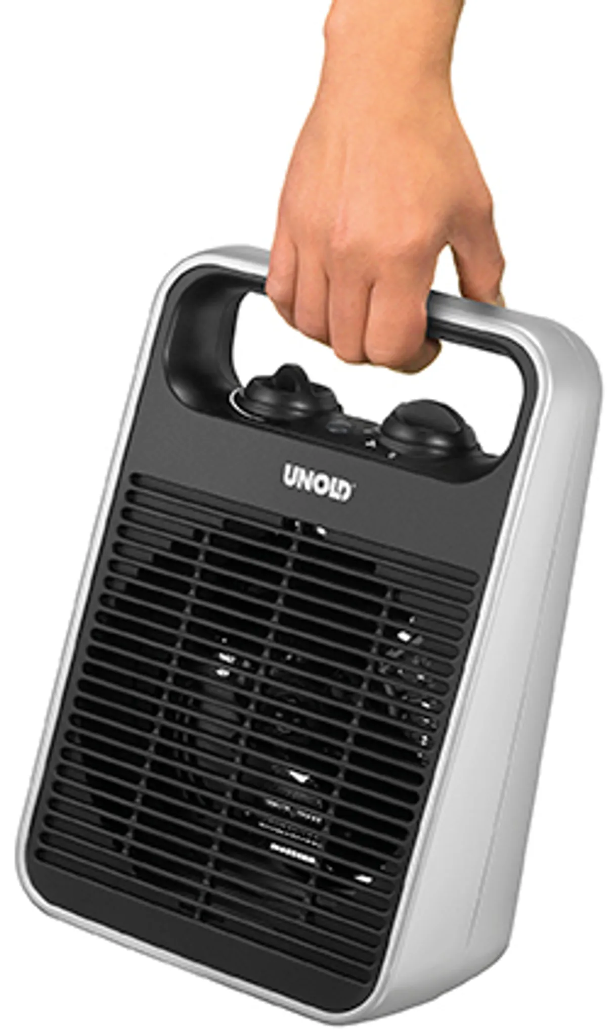 Unold Heizlüfter Handle - Schwarz/Silber 1000 Watt 4 Stufen-Schalter Ventilatorfunktion Warmluft Heißluft leicht und leise Tragegriff