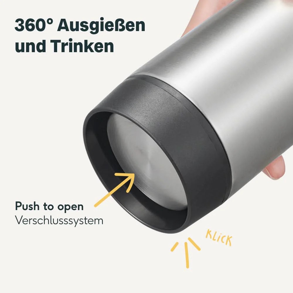 Thermoﬂasche, Stahl, Edelstahl, Verschluss, Push to open