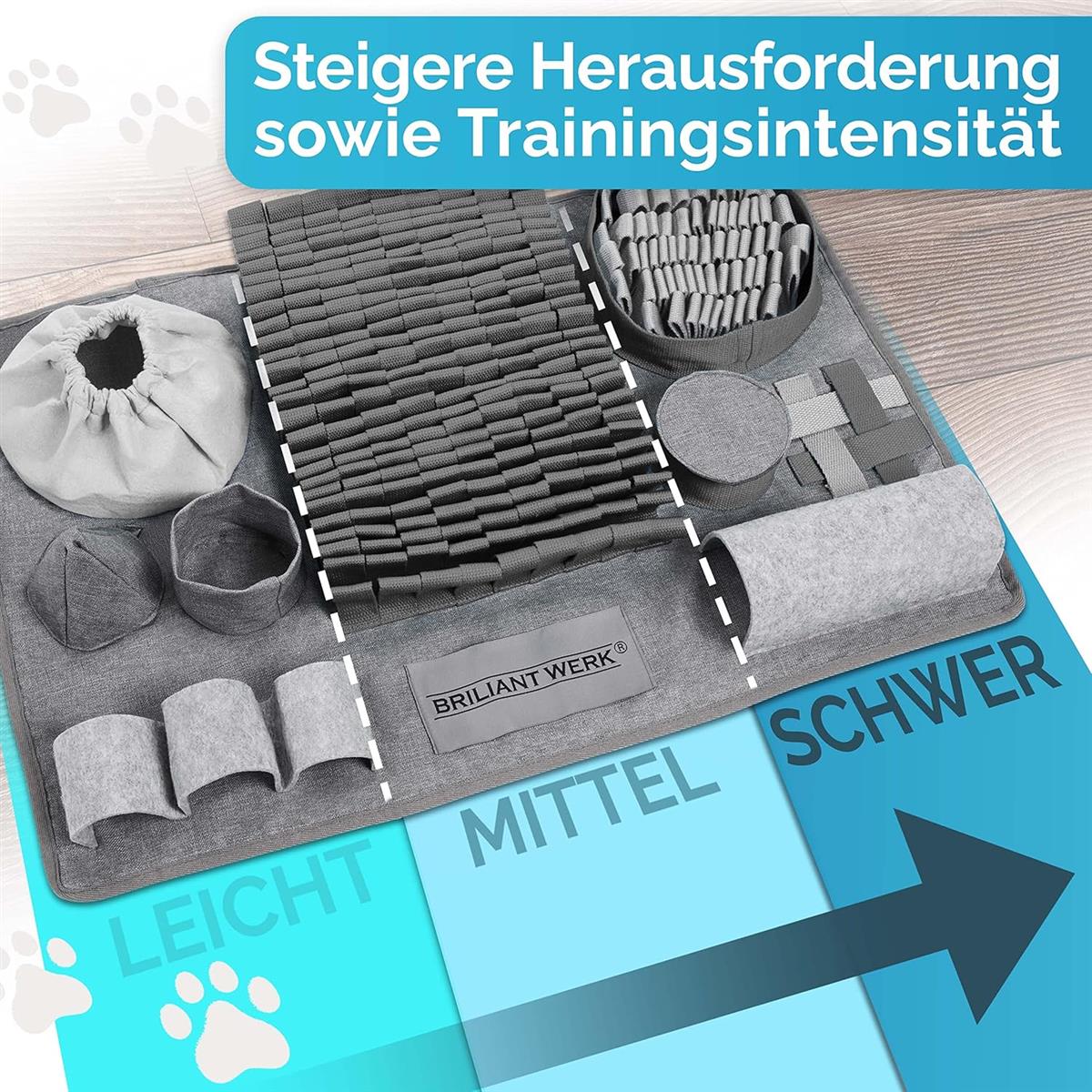 Briliantwerk Schnüffelteppich Hund – Extrem widerstandsfähiges Material - 10 Trainingselemente und 3 Schwierigkeitsstufen Intelligenzspielzeug grau