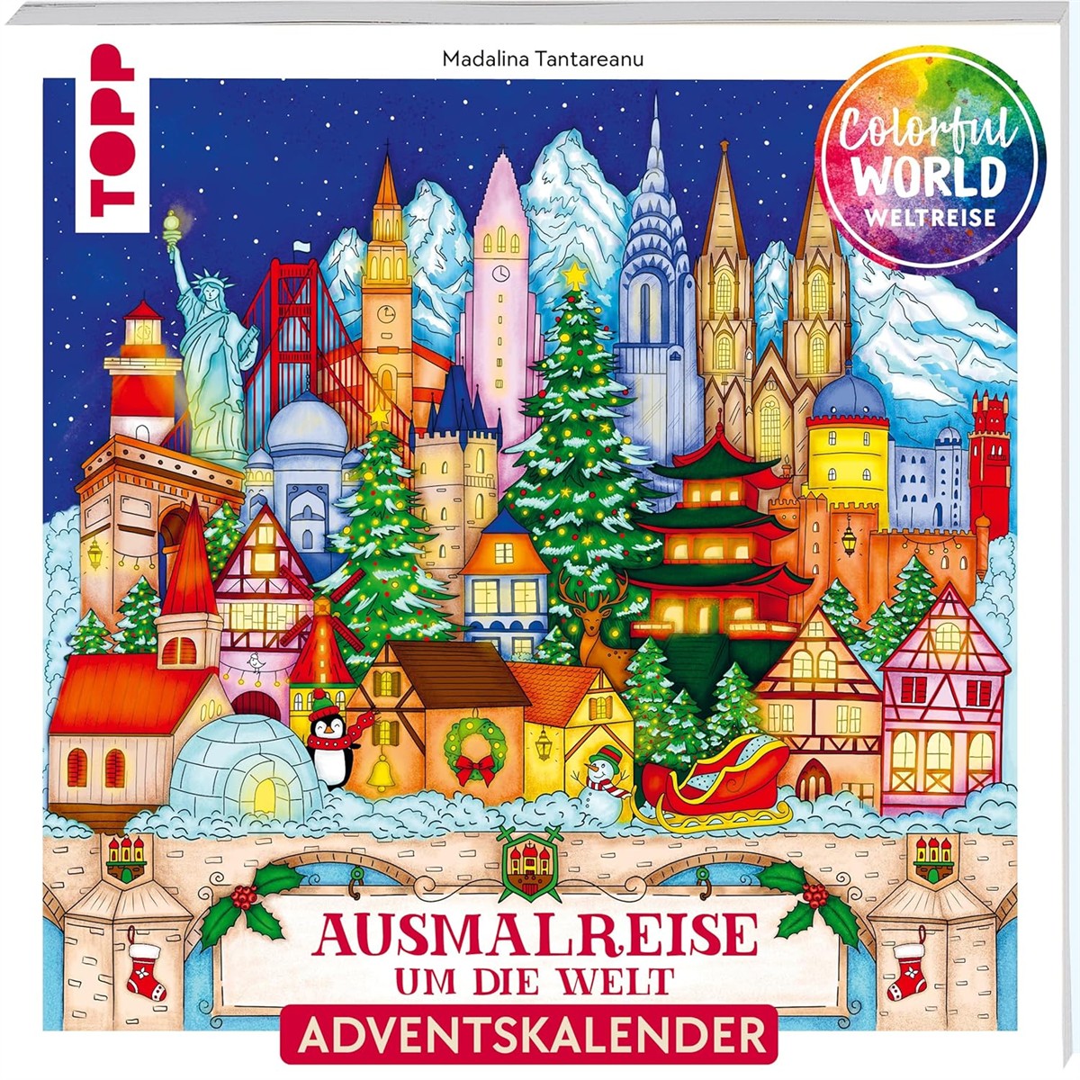 Advent calendar, Christmas town, Colorful World, Calendar,  Towers, Snow landscape, Christmas tree, Penguin, Sled, Cityscape