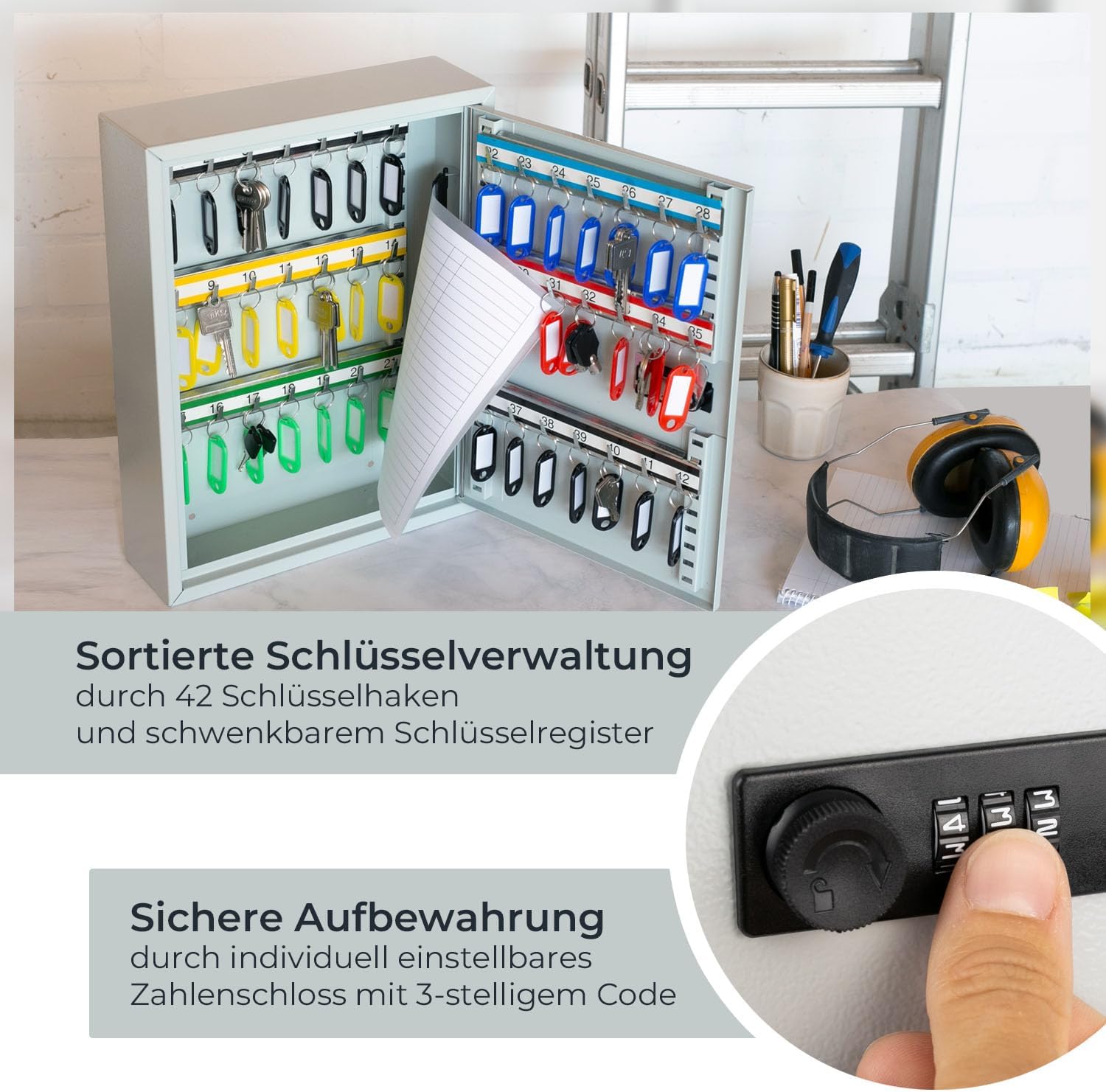 HMF Schlüsselschrank mit Zahlencode, Schlüsselkasten groß | 42 Haken | 35 x 27 x 8 cm | Lichtgrau