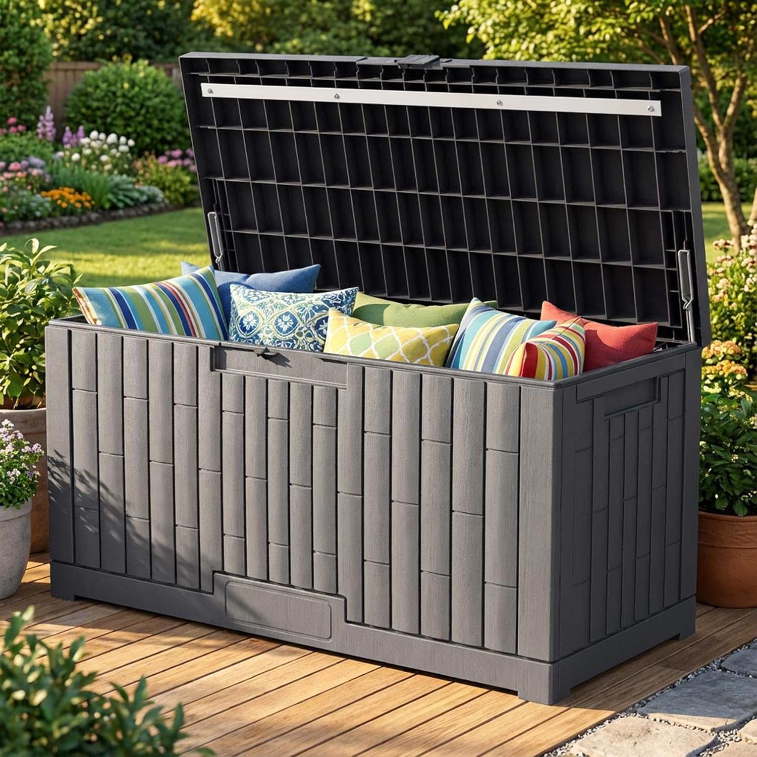 dobar Gartentruhe aus Kunststoff 300 L - Witterungsbeständige Auflagenbox in Holzoptik - Abschließbare Gartenbox für Kissen Polster und Zubehör - 117 x 45 x 56 cm - Anthrazit