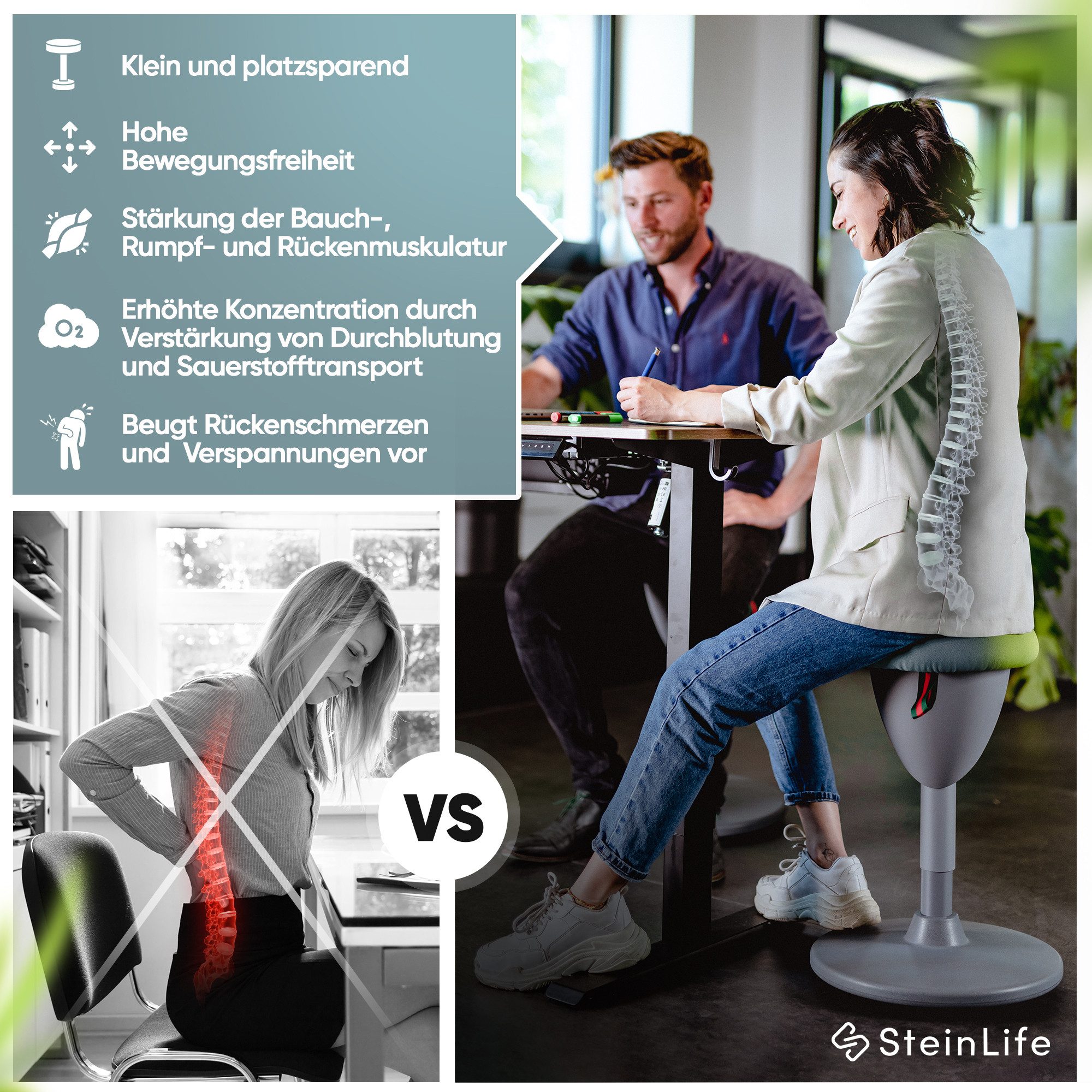 Steinlife Arbeitshocker Ergonomisch Bürohocker Höhenverstellbar (Stehhocker Höhenverstellbar [58-83cm]