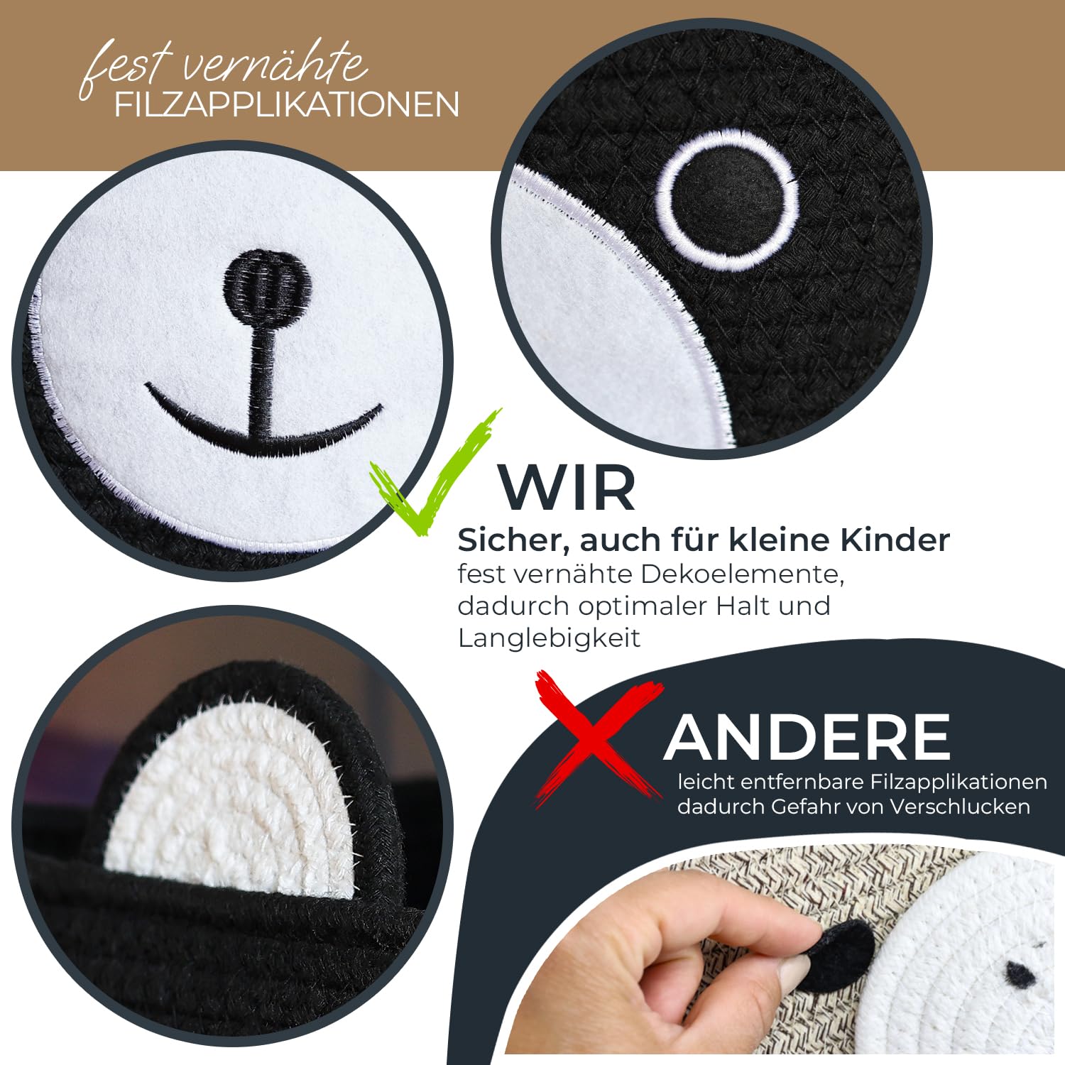 HMF Aufbewahrungskorb mit versteckten Griffen Korb für Kinderzimmer aus Baumwolle Bär 30 x 24 cm Schwarz