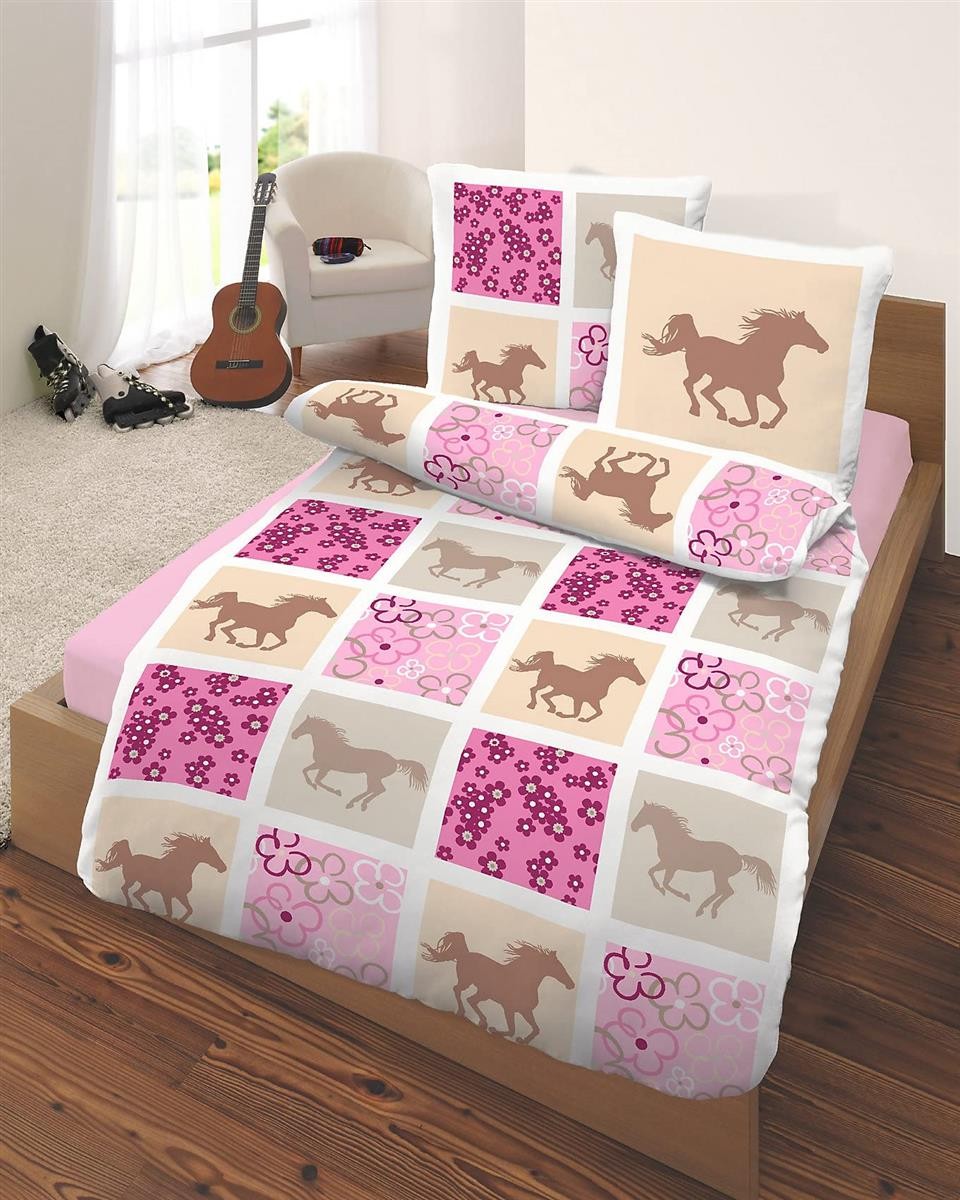 Kinderbettwäsche, Bettwäsche, Karo-Quadrate, Pferde-Muster, Rosa Farben