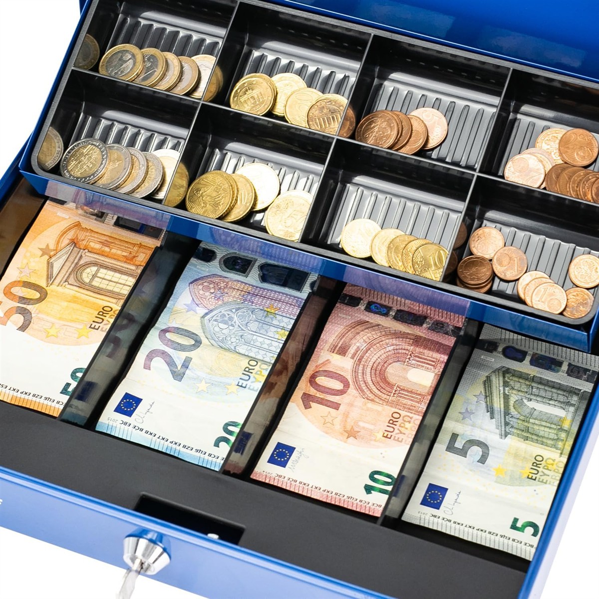 Geldkassette, Geldbehälter, EURO-Münzen, Banknoten, Schloss