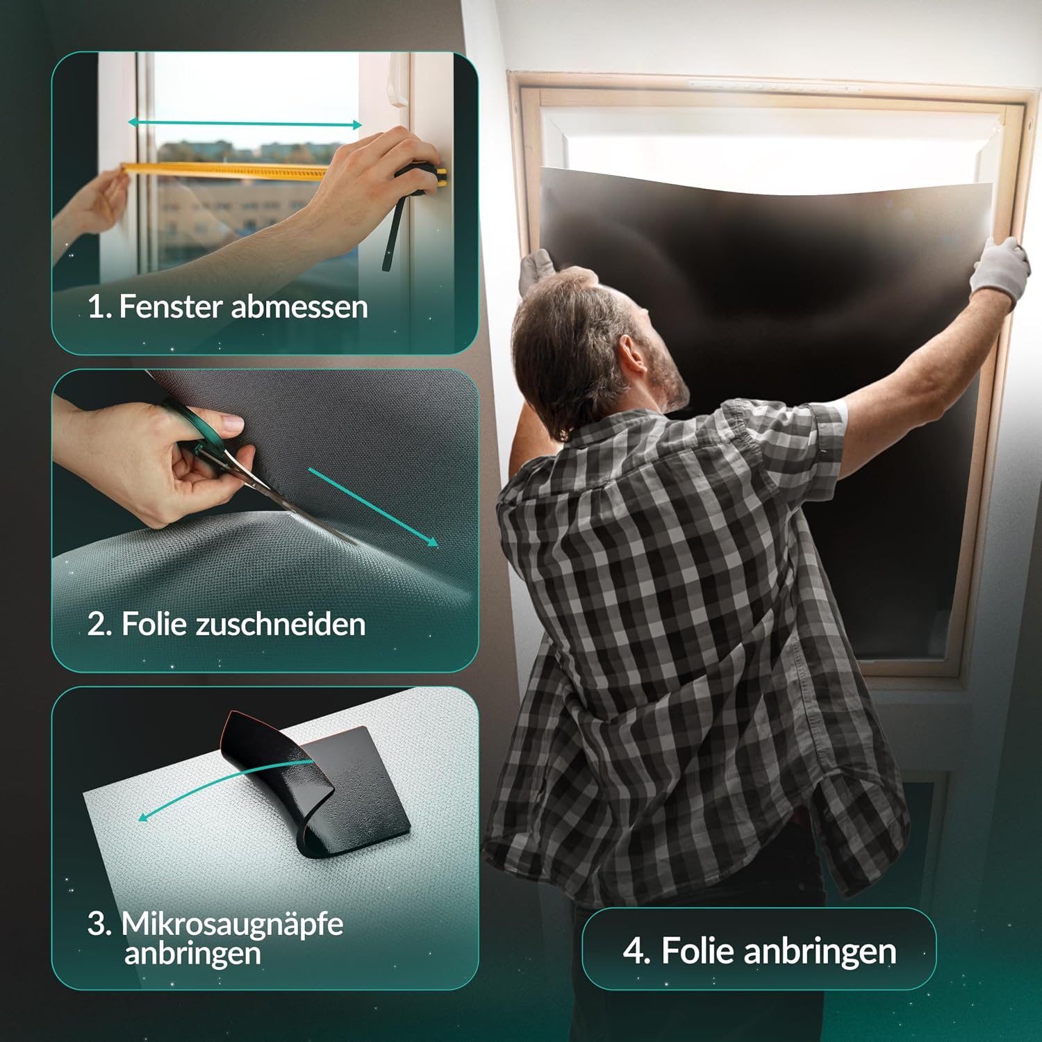 Fensterfolie, Sichtschutzfolie, schwarze Folie, Mikrosaugnäpfe, zuschneidbar