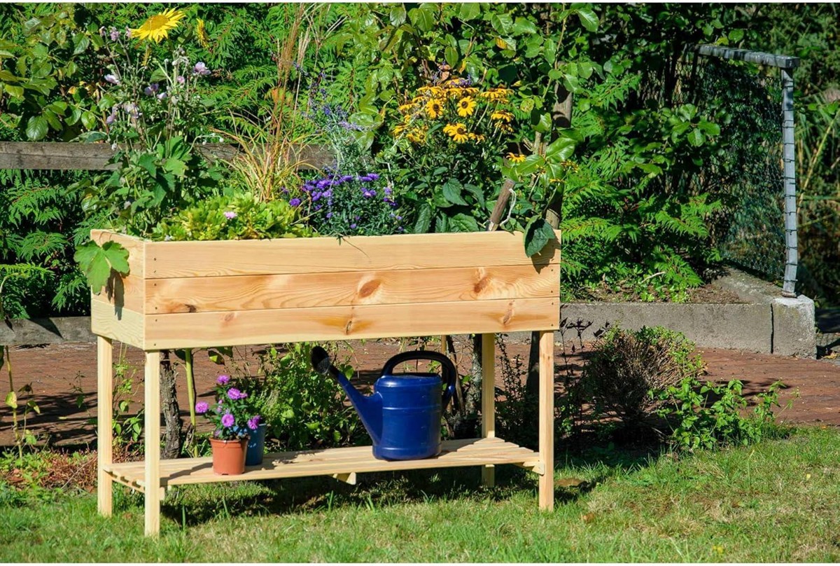 Holzhochbeet, Gartenbeet, Blumenkasten, Pflanzenbox, Wasserkessel