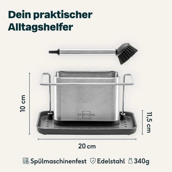 Spülbürstenhalter, Edelstahl, Abtropfschale, Spülbürste, Silberfarben