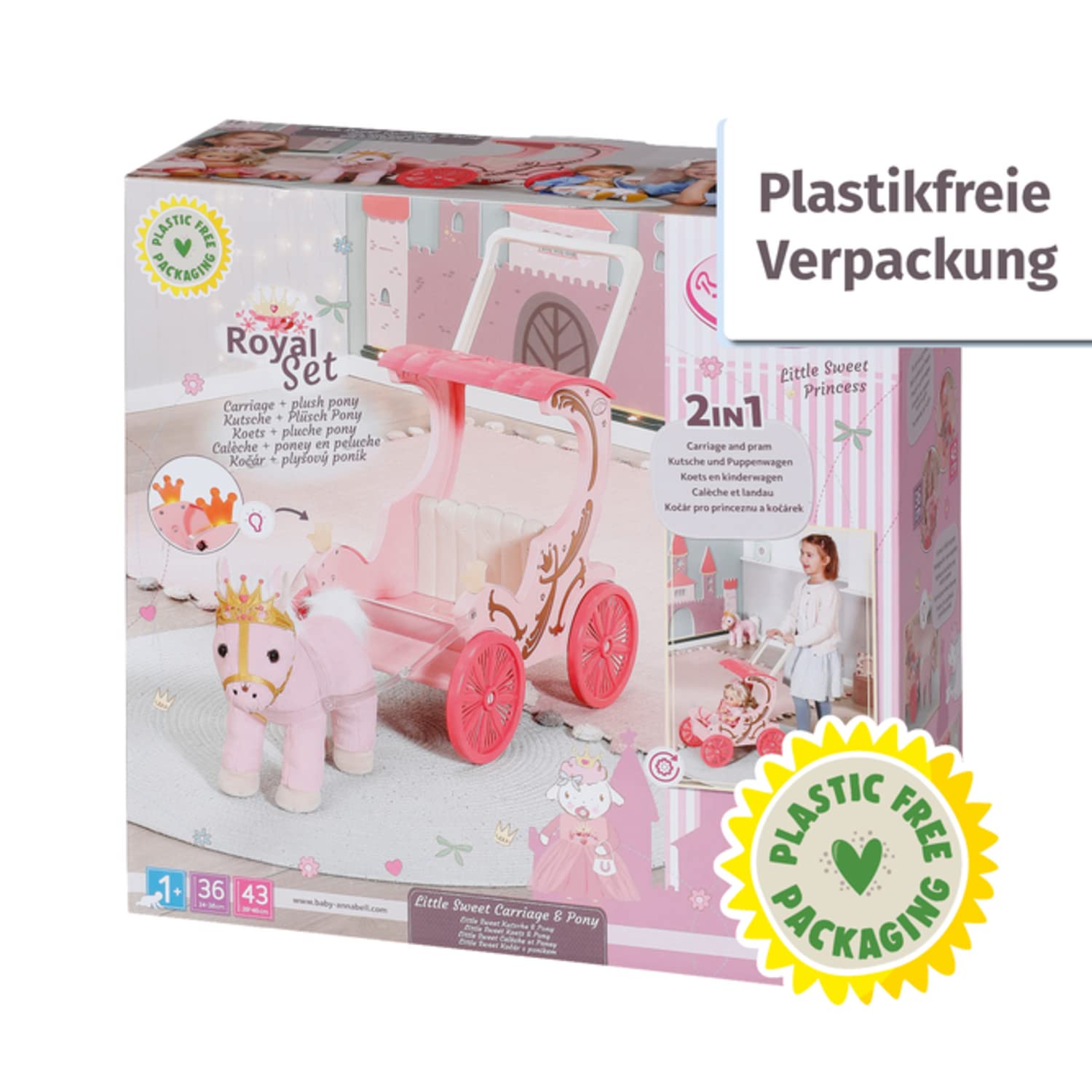 Zapf Creation 707210 Baby Annabell Little Sweet Kutsche und Pony 2-in-1 Puppenwagen Kutsche Plüschpony Puppenkutsche Spielzeugkutsche Puppenzubehör Puppenwagen