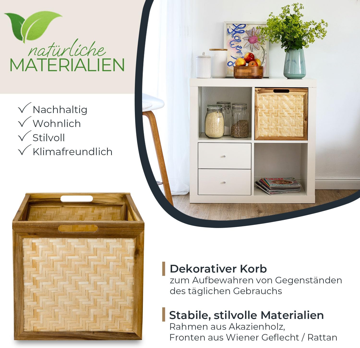 HMF Aufbewahrungskorb passend für Kallax Regale Korb aus Rattan mit Wiener Geflecht und Akazienholz 32 x 34 x 32 cm