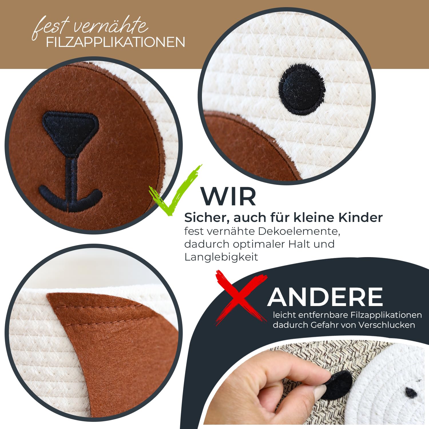 HMF Aufbewahrungskorb mit versteckten Griffen 3er Set, Korb für Kinderzimmer aus Baumwolle Hund Groß, Mittel, Klein