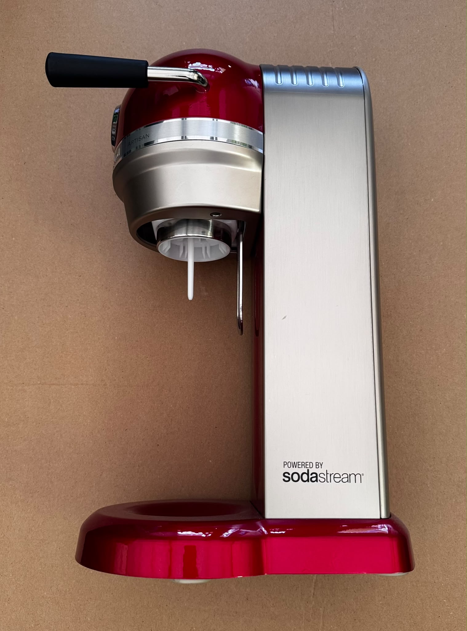 espresso machine, sodaStream powered, red exterior, metallic finish, portafilter? not sure