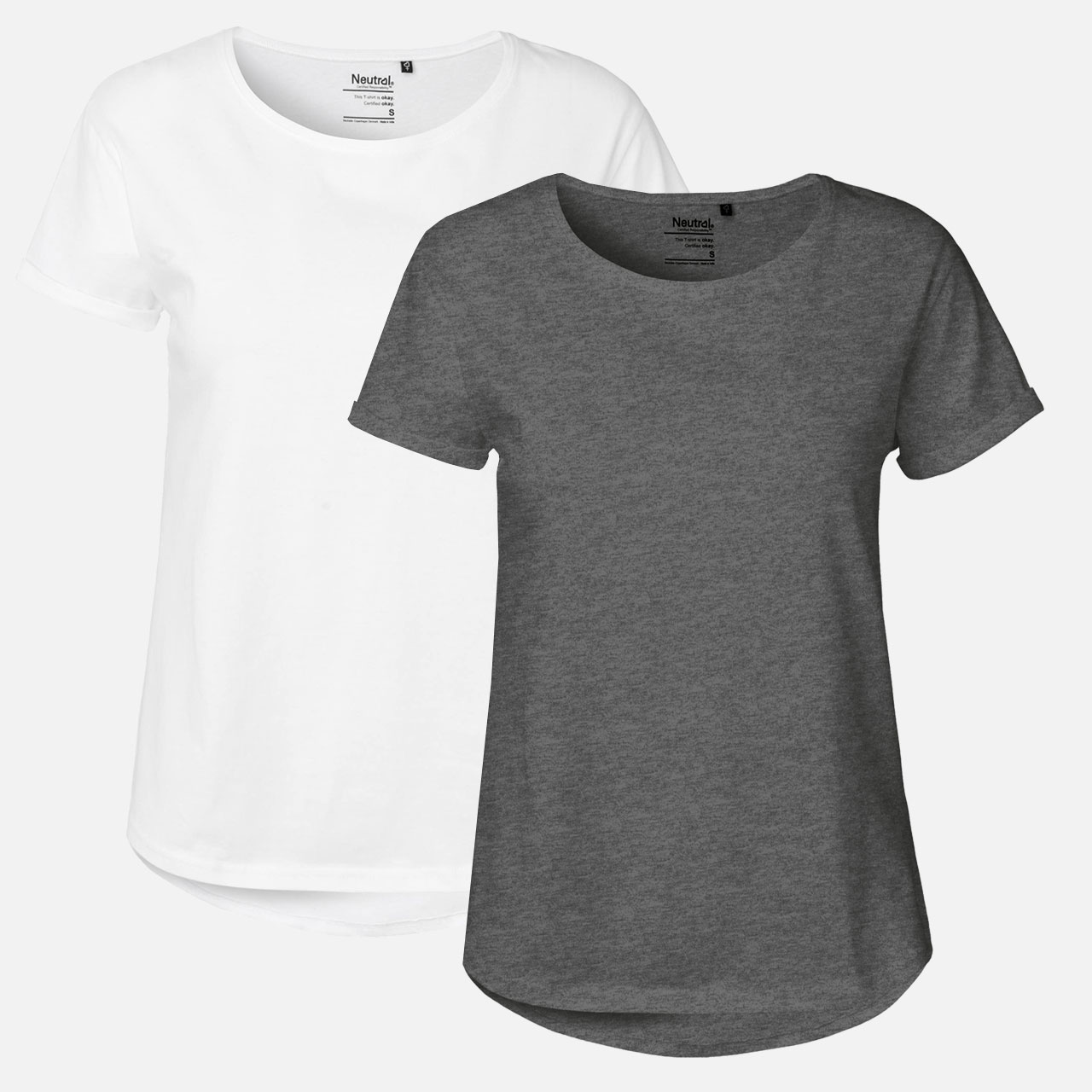 Doppelpack Ladies Roll Up Sleeve T-Shirt - Weiß / Dark Heather L Weiss / Dark Heather