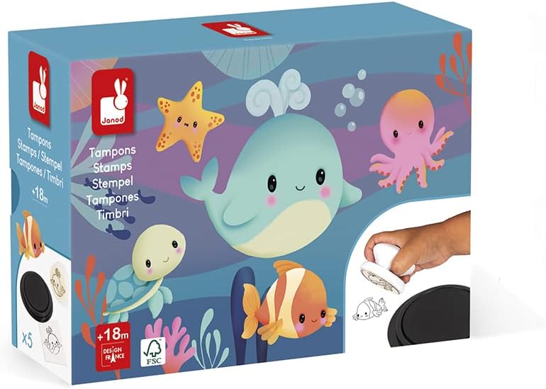 Janod J07720 Ocean Stampinoo Set Ozean Stempel Stempelkissen Tintenfass Kreative Spiele für Kleinkinder