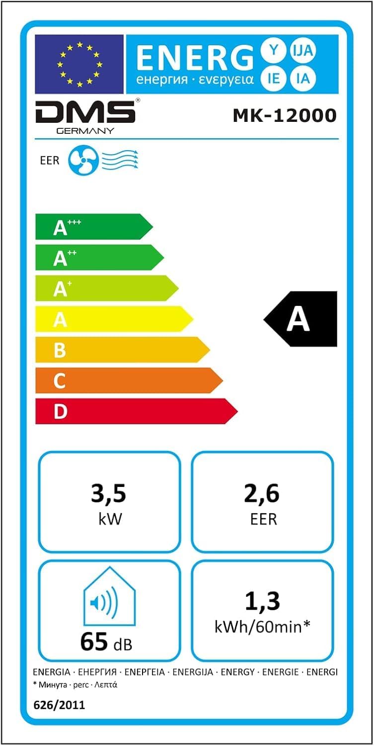 DMS Klimaanlage Mobiles Klimagerät 4in1 kühlen Luftentfeuchter, lüften, Ventilator und Schlafmodus - 12000 BTU/h (3.500 Watt) - Klima mit Montagematerial Fernbedienung und 24h Timer EEK: A Weiß