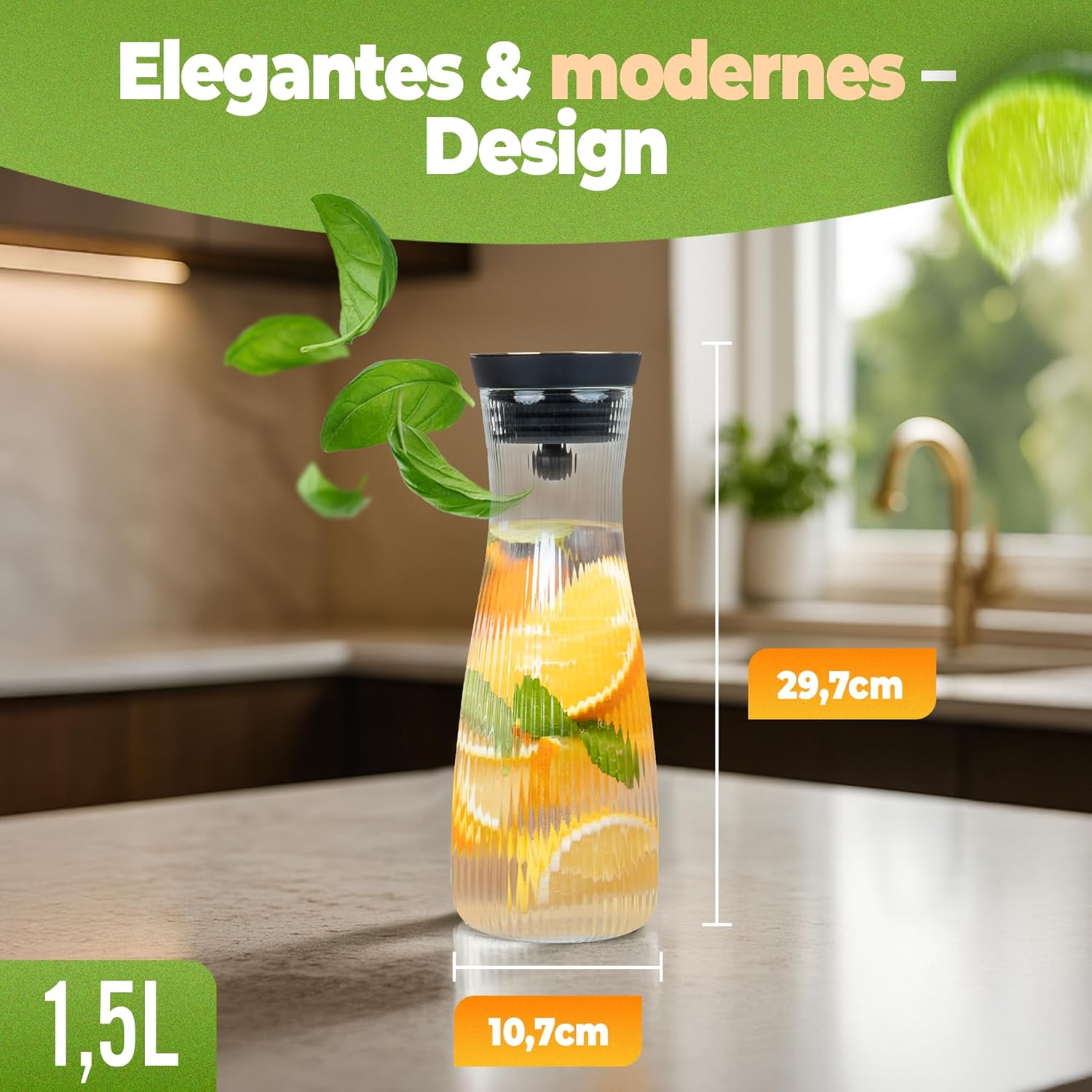 CLIDOR Wasserkaraffe mit Deckel 1,5 L Klarglas