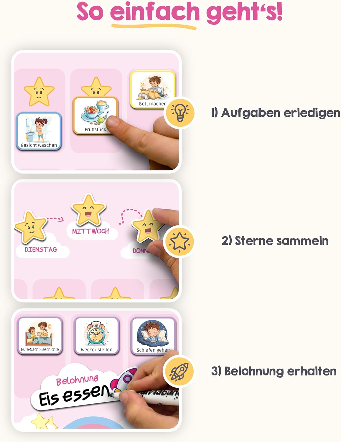 Lernkarte, Sterne, Aufgaben, Belohnung, Frühstück