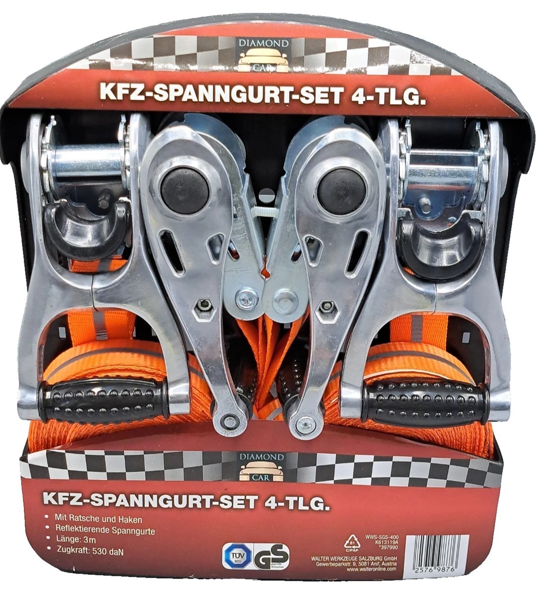 Kfz-Spannungsgurt-Set, Spanngurt, Ratche, Haken, Länge-3m