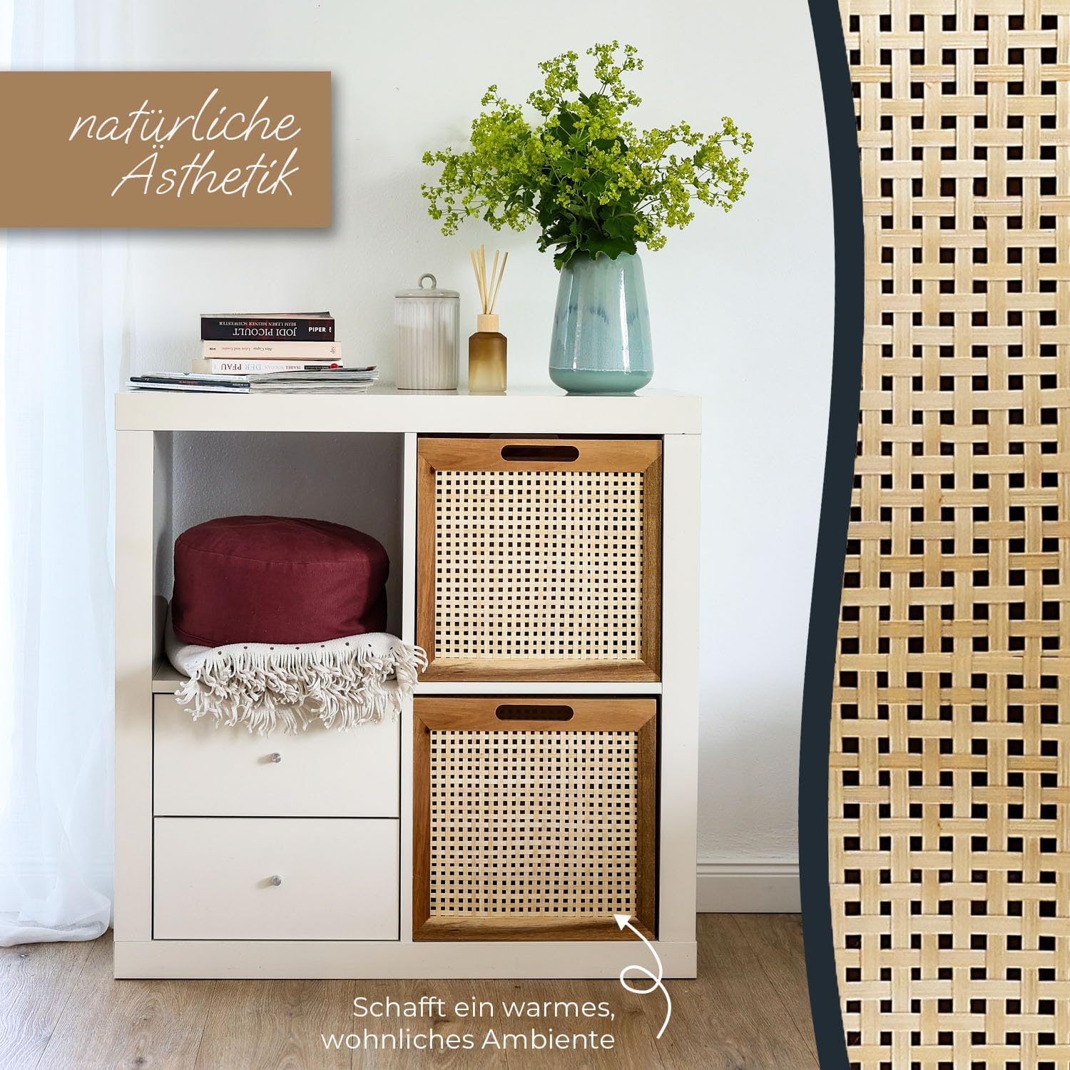 HMF Aufbewahrungskorb passend für Kallax Regale Korb aus Rattan mit Wiener Geflecht und Akazienholz Muster 3 32 x 34 x 32 cm