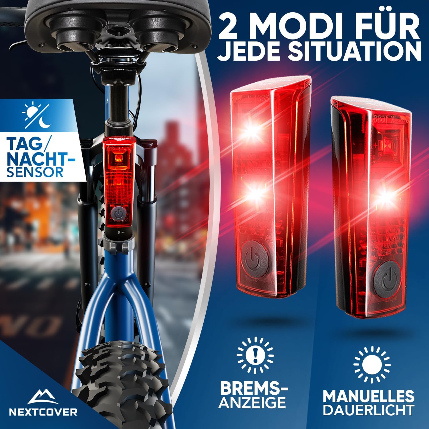 NEXTCOVER Fahrradlicht Set USB aufladbar Fahrradlampe Rücklicht Fahrradbeleuchtung Bremslicht