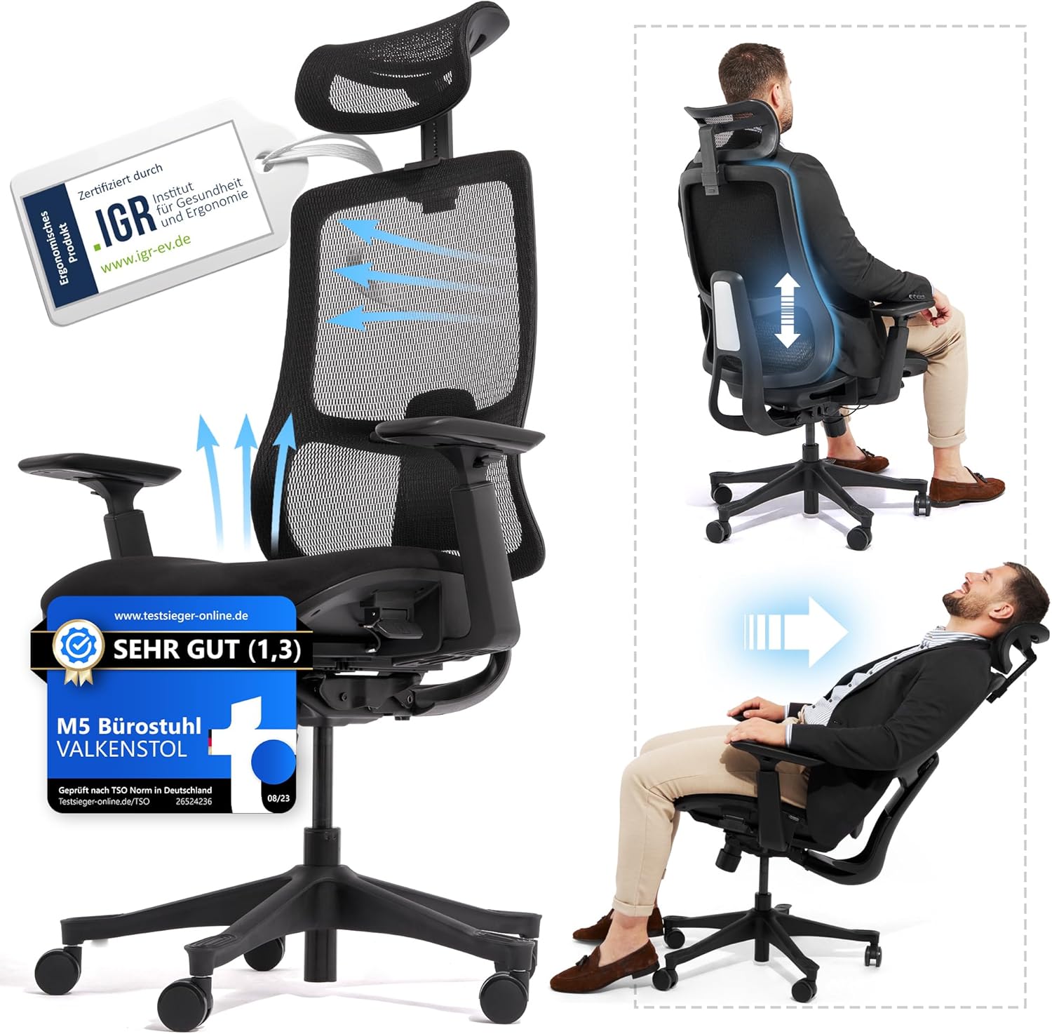 VALKENSTOL M5 Ergonomischer Bürostuhl 150 kg Schreibtischstuhl schwarz