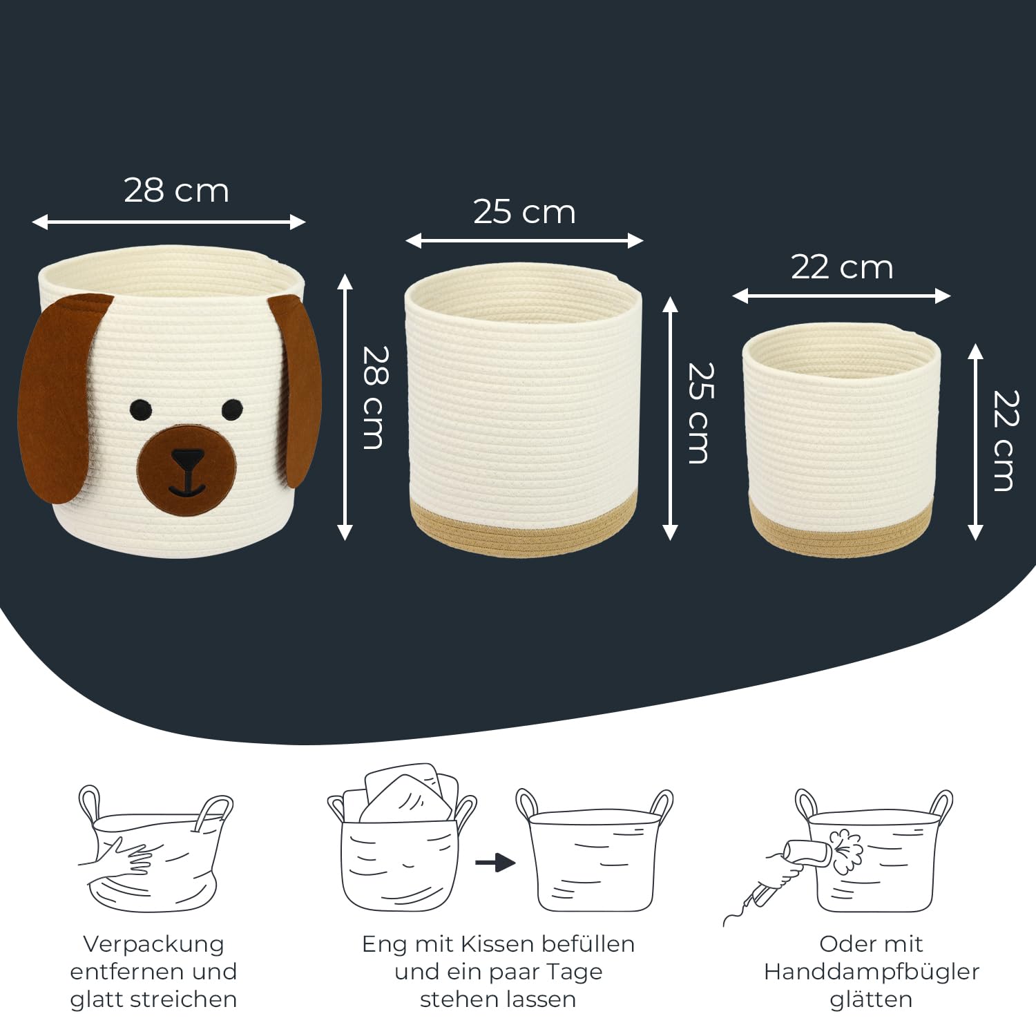 HMF Aufbewahrungskorb mit versteckten Griffen 3er Set, Korb für Kinderzimmer aus Baumwolle Hund Groß, Mittel, Klein