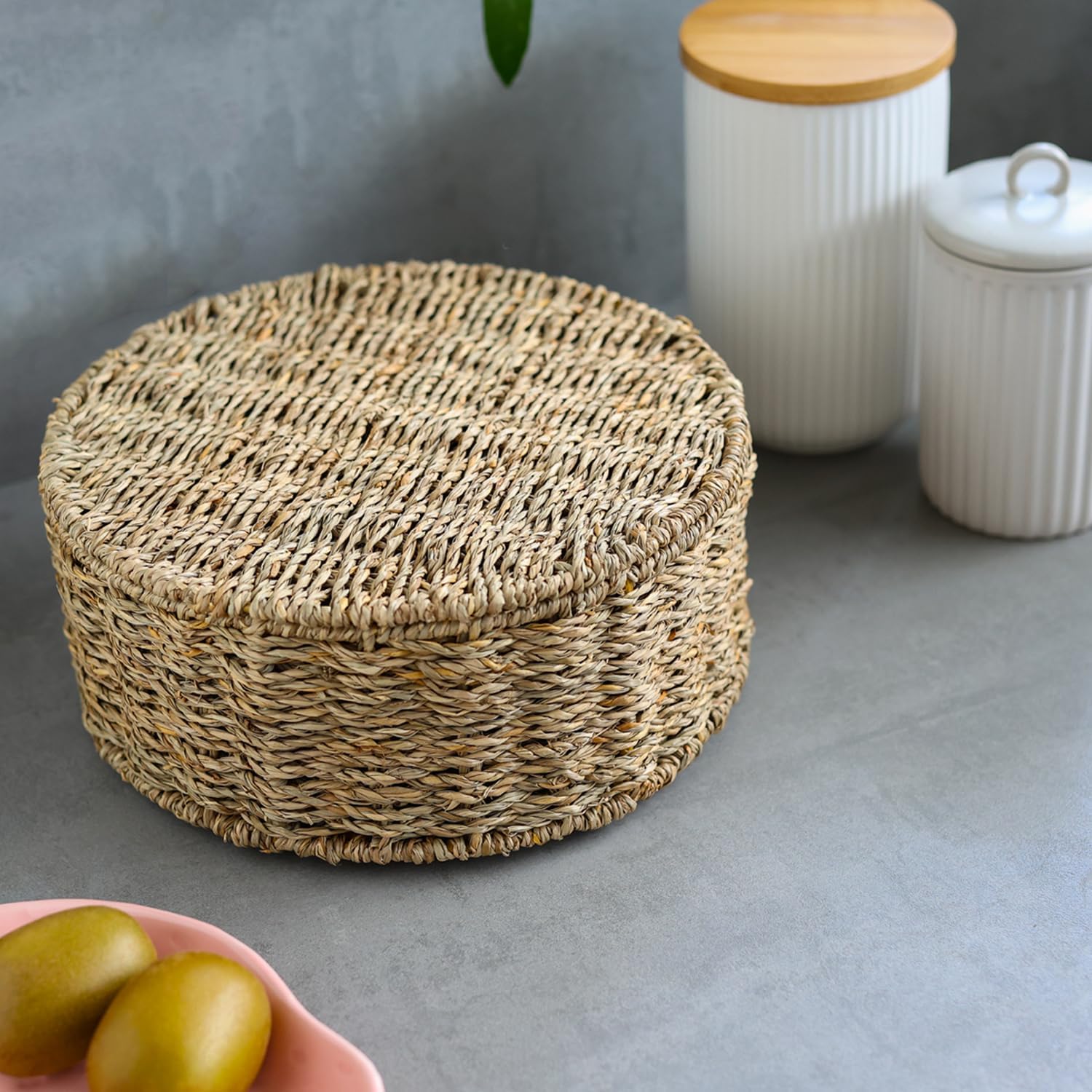 HMF Teebox für Teebeutel geflochten aus Seegras Tee Aufbewahrungsbox mit 7 großen Fächern 27 x 27 x 11 cm