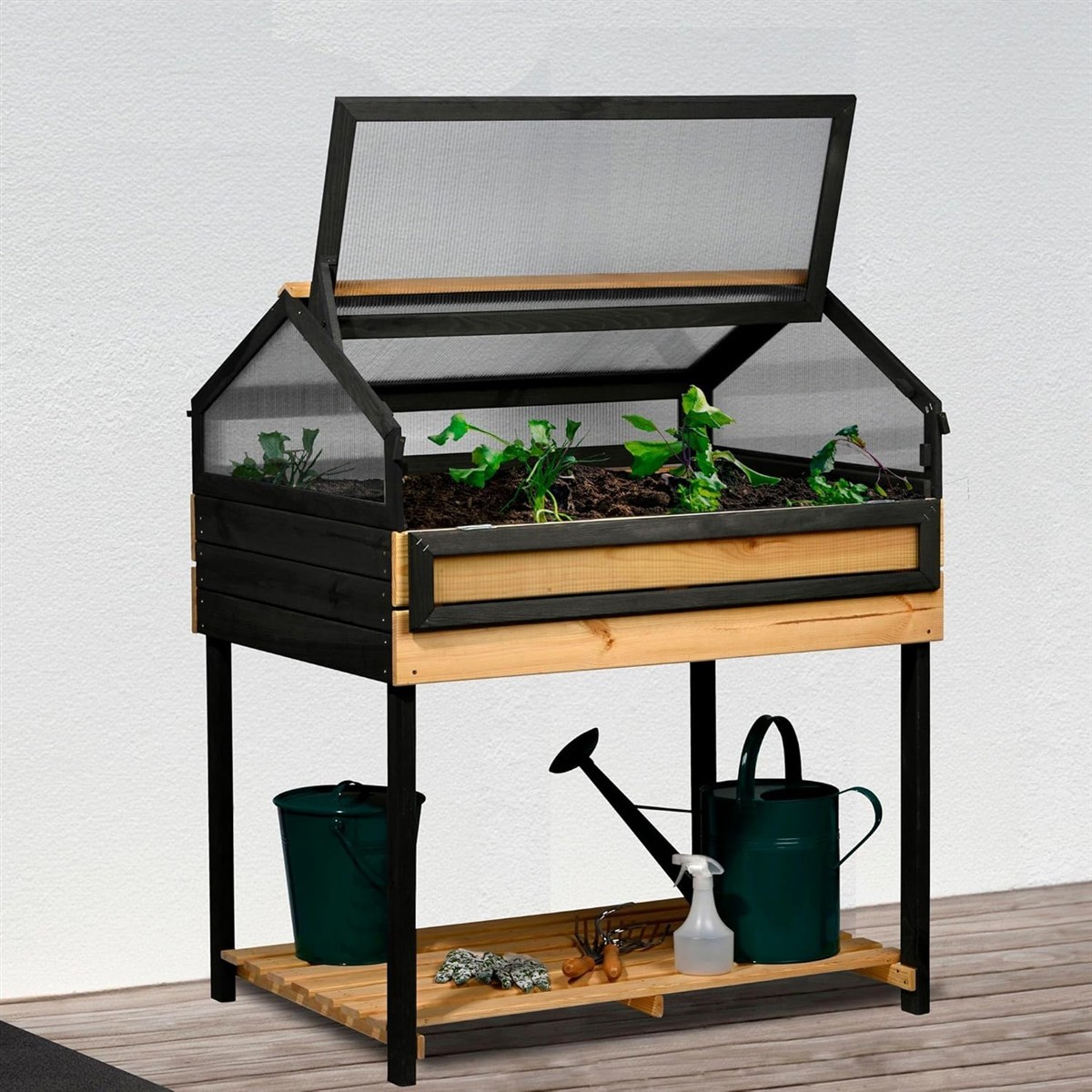 erhöhtes-beet, gewächshaus, pflanzkasten, garten-terrarium, holz-metall