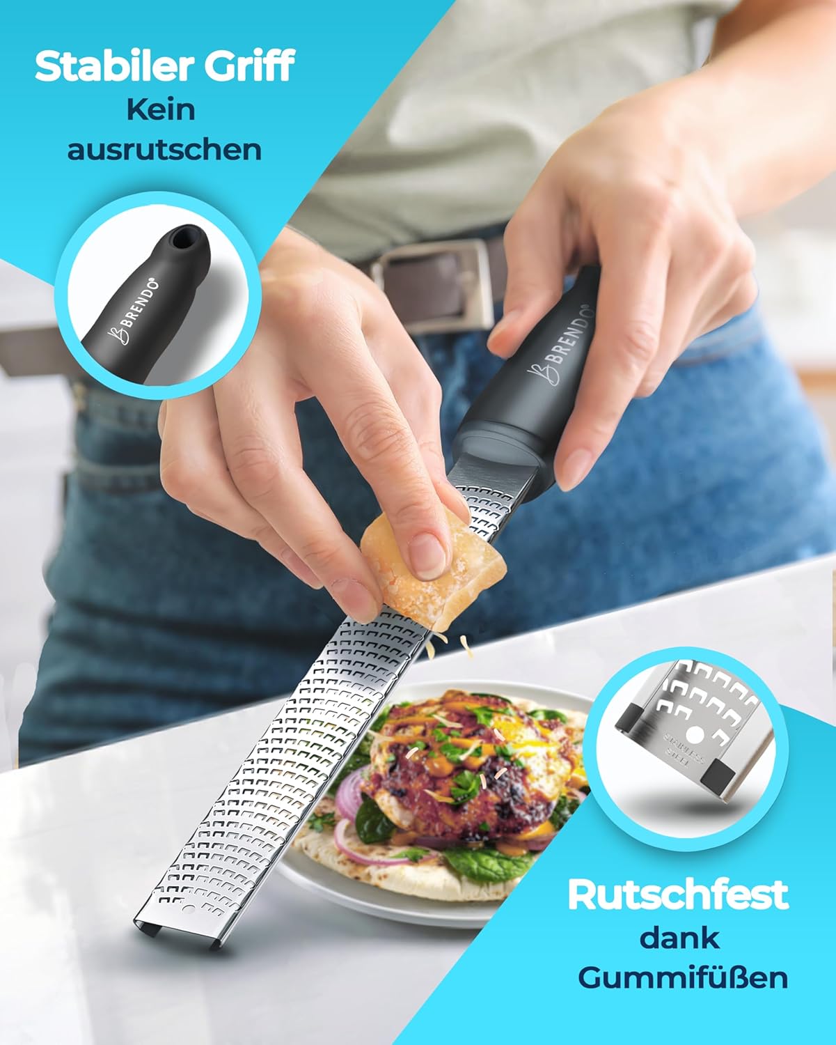 Brendo Premium Zester Reibe Käsereibe Knoblauchreibe Muskatnuss Reibe Zitronenreibe Ingwerreibe