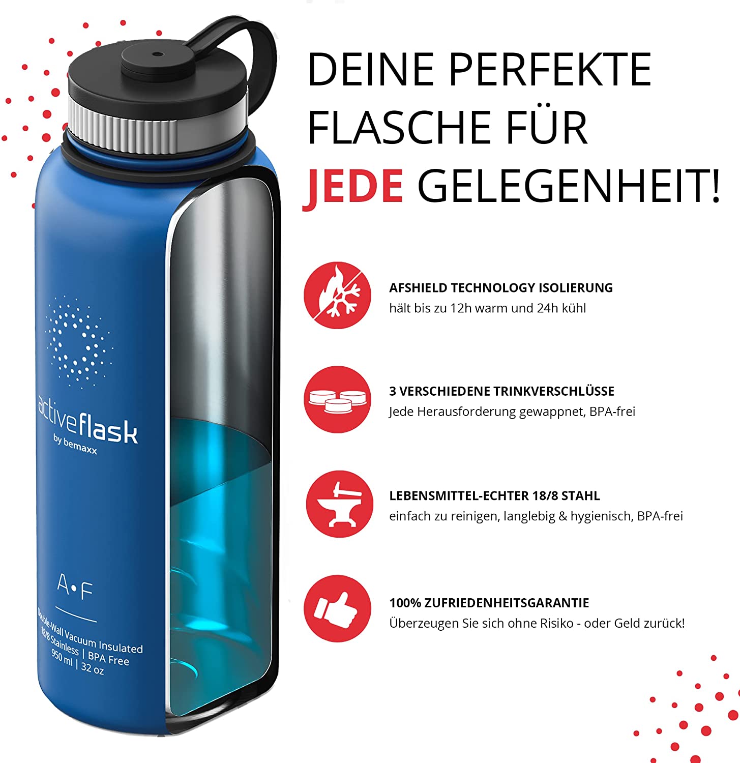 BeMaxx Trinkflasche Edelstahl ACTIVE FLASK blau 950ml