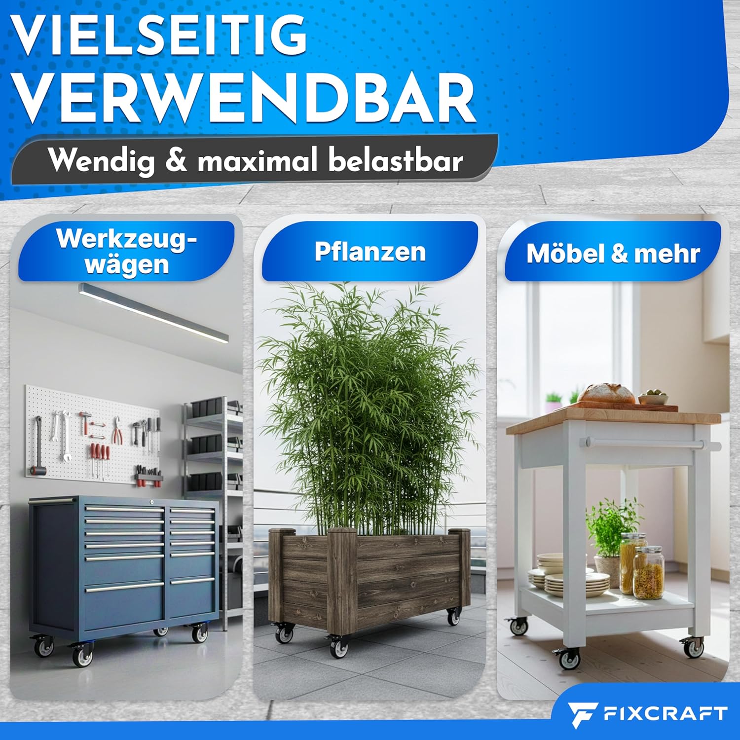 FIXCRAFT 4x Schwerlastrollen mit Bremse Möbelrollen Transportrollen 100mm