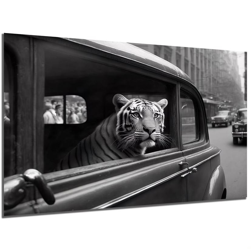 Wandbild Tiger im Auto sw 30x40cm HDF
