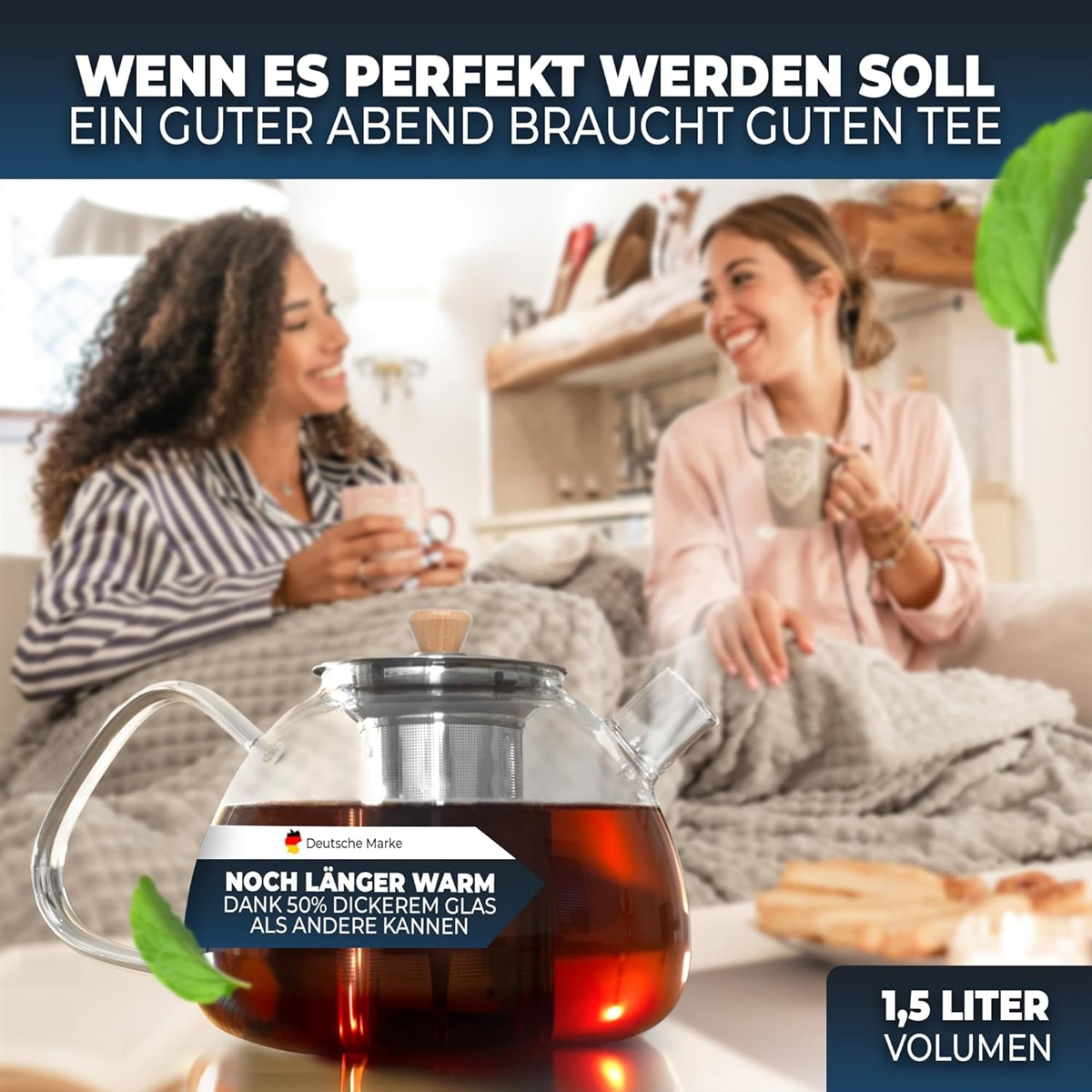 Teekanne, Glasdeckel, Kaffeetee, 1,5 Liter, Glas-Teekanne