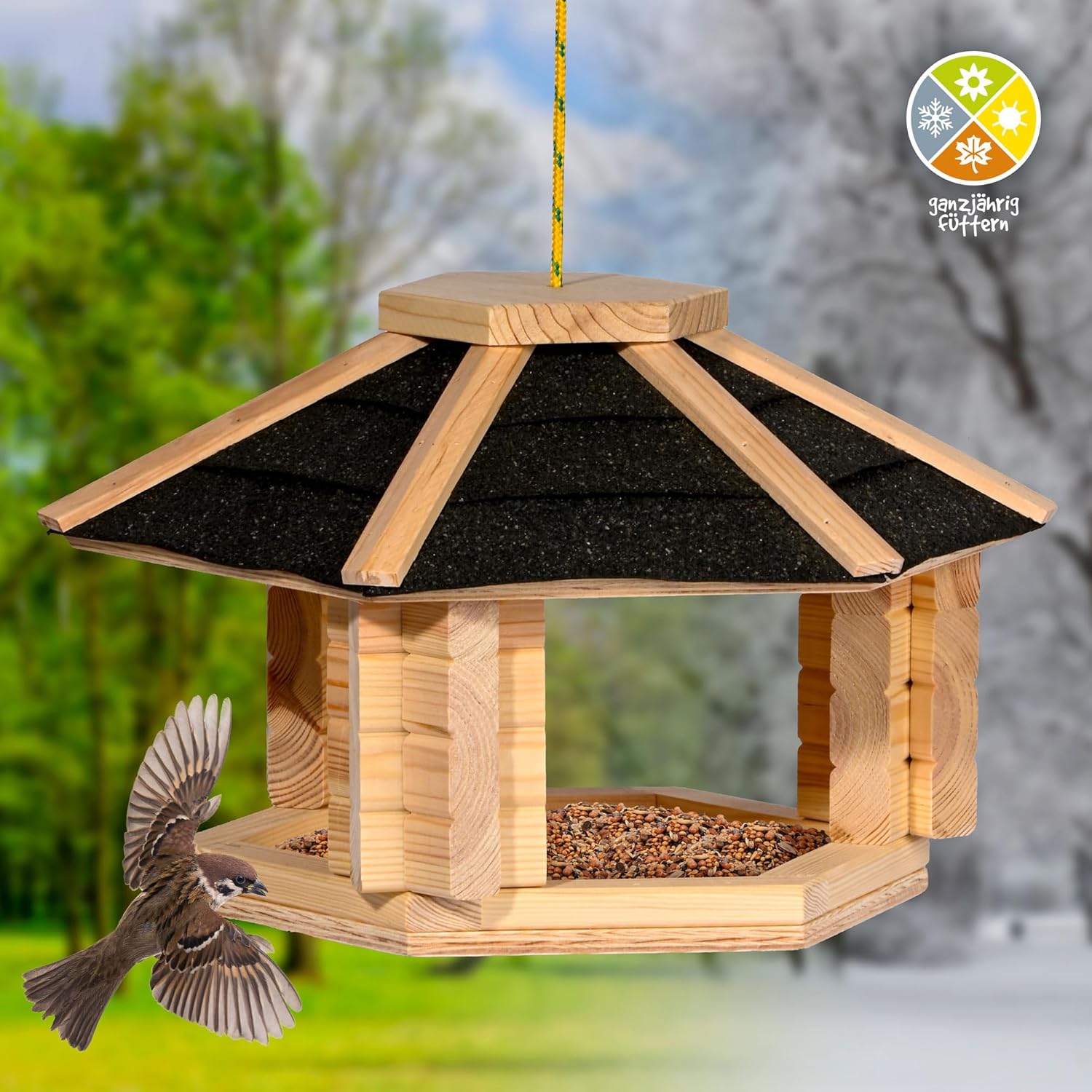 dobar XL Vogelhaus Nero hängend aus Massivholz mit Bitumendach - Vogelfutterhaus zum Hängen - Schwarz
