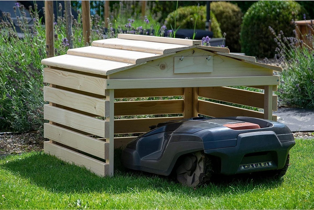 Holzkonstruktion, Gartenhütte, Rasenroboter, Schrank, Holzlatten