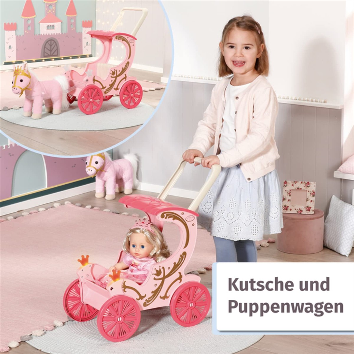 Puppenwagen, Puppen-Kutsche, Kinderspielzeug, Weiß-rosafarbene, Puppe