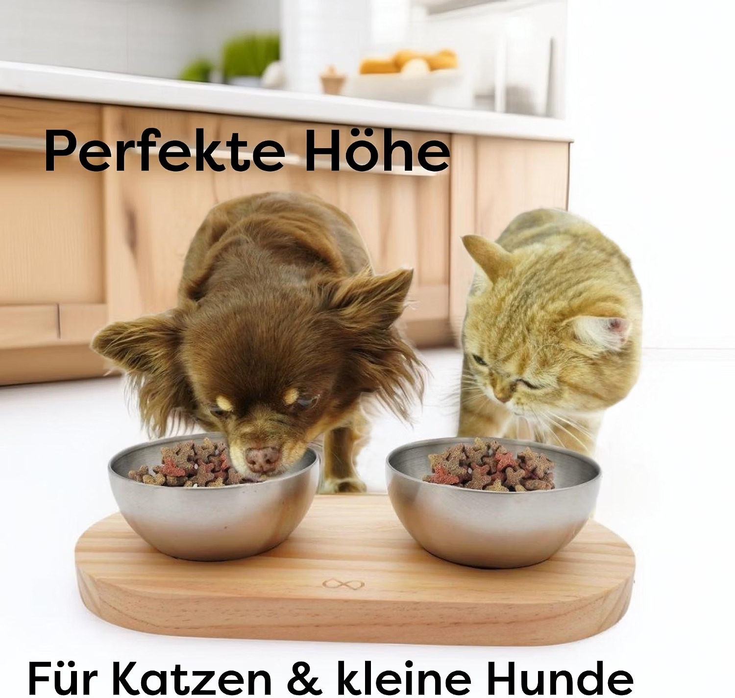 Erhöhte Futterstation, Edelstahlnäpfe, Holzständer, Doppelnapf, Für Katzen und kleine Hunde