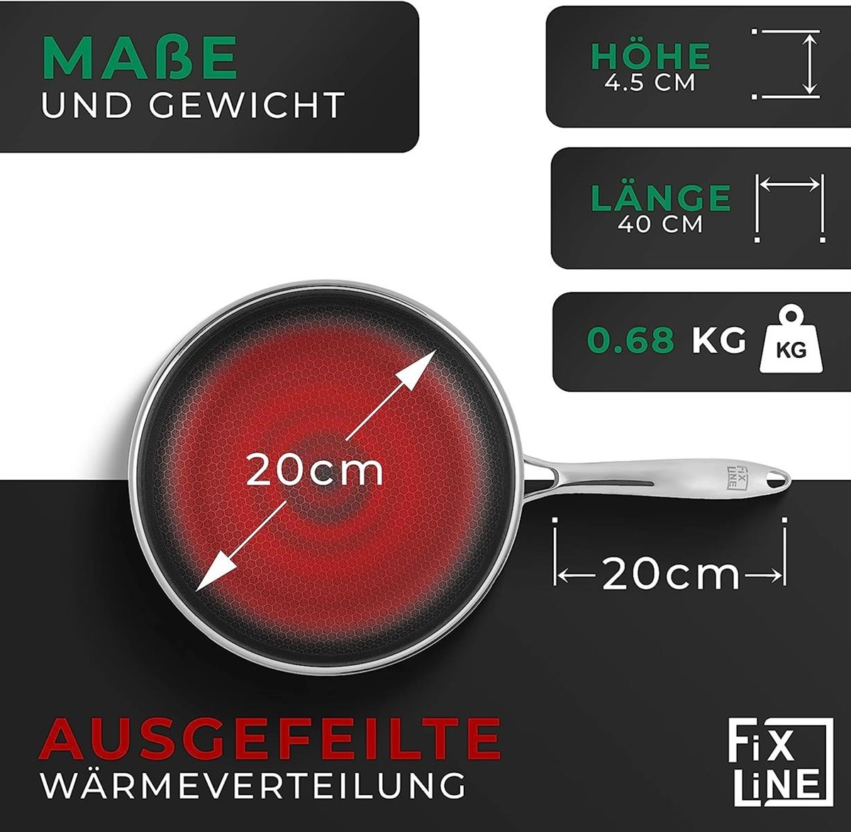 Kochtopf, Durchmesser 20 cm, Wärmeverteilung, Gewicht 0,68 kg, Induktion
