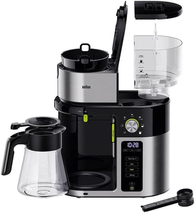 Braun MultiServe Kaffeemaschine - Filterkaffeemaschine mit Glaskanne Direktwahl von 7 Portionsgrößen für bis zu 10 Tassen Touch Display Zeitschaltuhr 1750 Watt Edelstahl/Schwarz