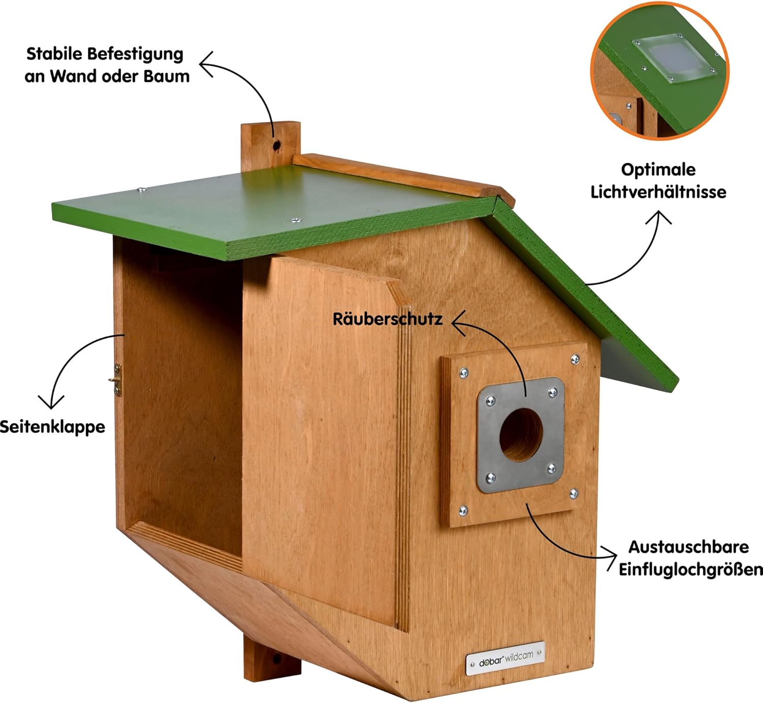 dobar Großer Nistkasten Flachdach aus Holz inklusive HD WiFi-Kamera und App mit austauschbaren Einfluglöchern - 35,5 x 22,5 x 38,5 cm  Grün-Braun